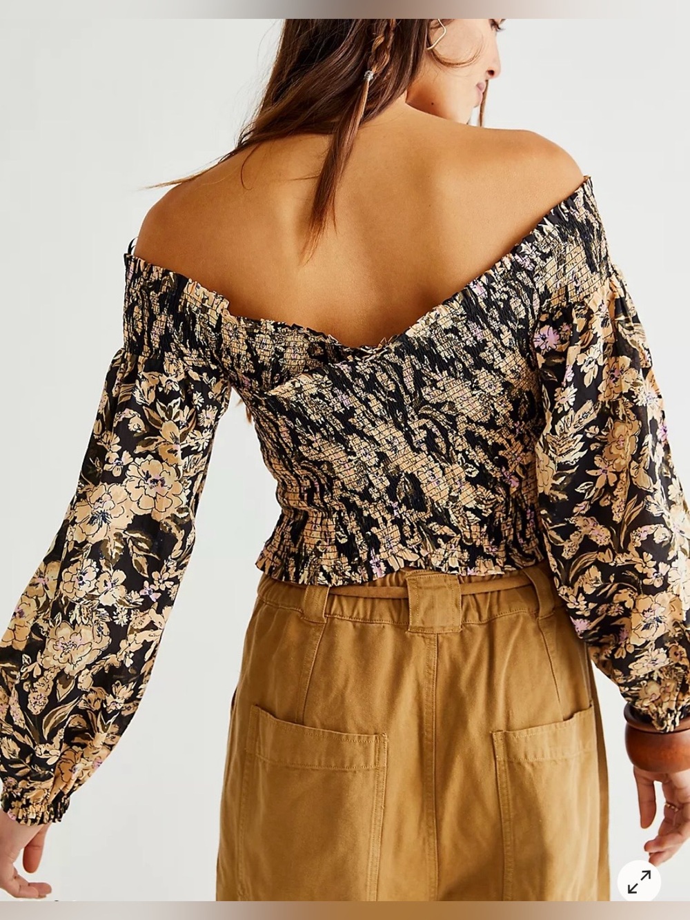 Free People Black Smocked Crop Top with Gold and Pink Floral Details - Picture 4 of 9